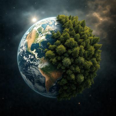 The primary subject of the image is a large, green tree that is growing on the surface of the Earth. The tree is surrounded by a blue sky, which serves as the background of the scene. The visual style of the image is a digital art or illustration, as it is a detailed and intricate representation of the tree. The colors and mood of the image are predominantly green and blue, which convey a sense of tranquility and harmony with nature.
